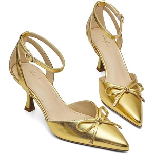 image:imageAnkis Closed Toe Kitten Heels for Women Bow Stiletto Dress Wedding Heels  Bow Kitten Heels 3Inch Wine Glass Heels Pointed Closed Toe Dress Wedding Party ShoesGold Pu