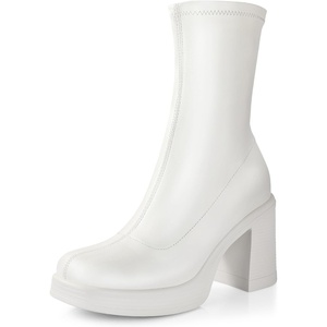 image:imageAnkis Womens Ankle Gogo Boots Platform Chunky Heel Y2K Side Zipper  Stable 285in chunky heels Square toe booties Elastic PU 70s gogo style Daily wear disco Halloween amp cosplay outfitsWhite Pu