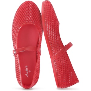 image:imageAnkis Womens Mary Jane Ballet Flats Mesh Jelly Fishnet Sandals  Mesh Flat Ballerina Flats Sandals Buckle Strap Mary Jane Comfy Causal Daily Dress ShoesJelly Red
