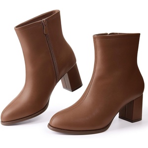 image:imageAnkis Womens Pointed Toe Ankle Boots Chunky Block Low Heel Booties ShoesBrownPu