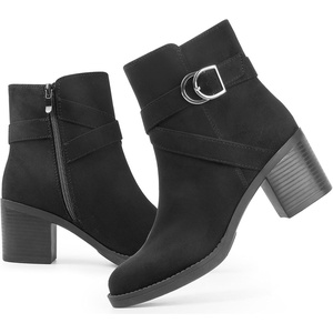 image:imageAnkis Womens Zipper Ankle Boots Chunky Stacked Heel Buckle Strap BootiesBlackSuede