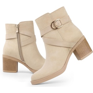 image:imageAnkis Womens Zipper Ankle Boots Chunky Stacked Heel Buckle Strap BootiesNudeSuede