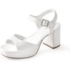 image:imageAnkis White Nude Heels Platform Heeled Sandals Chunky Block Open Toe Ankle Strappy Heels Wedding Party Dress ShoesWhite Pu